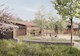 Full color rendering shows a patio with picnic tables, green trees, grass, and bushes, and a wooden structure with glass window. 